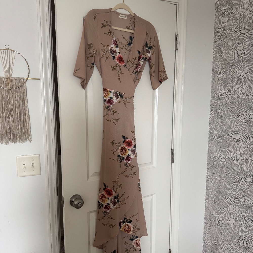 Deep nude pink and floral wrap dress